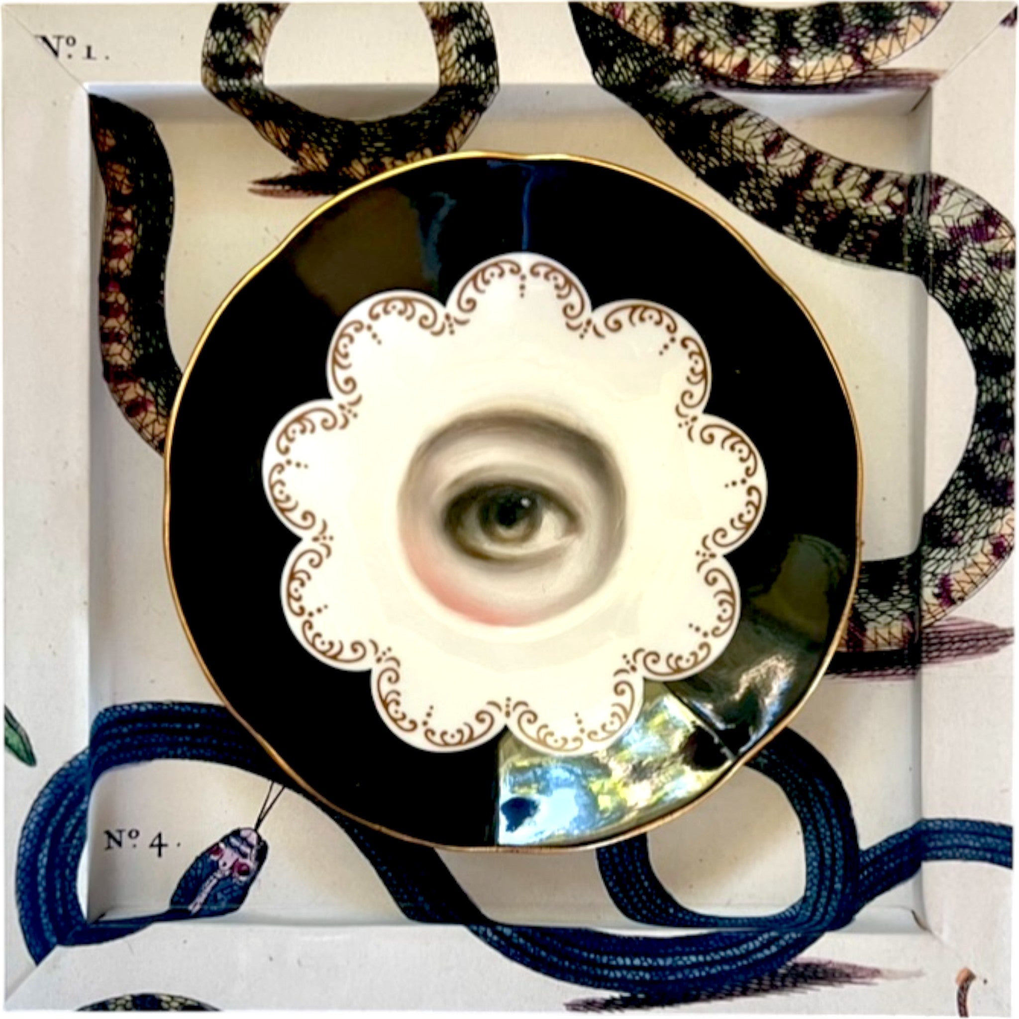 No. 2350 Lover's Eye Painting on an English Queen's Black and White Petal Plate