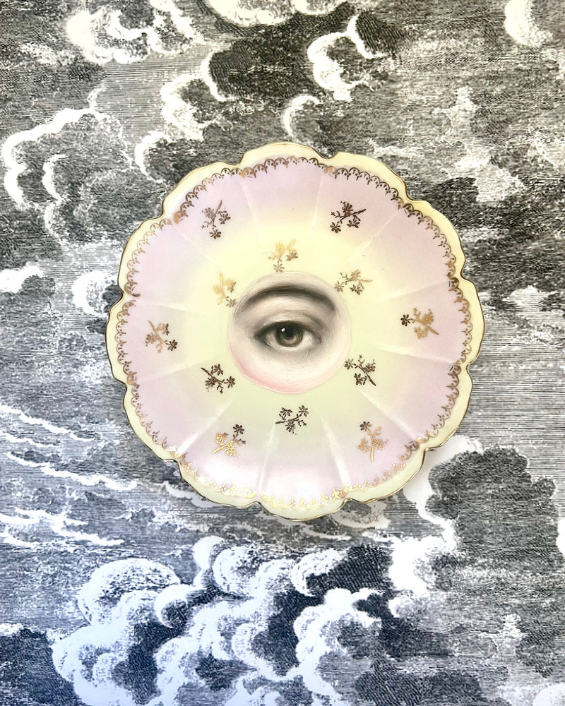 Lover's Eye Painting on a Pink and Gold Flower Sprig Plate