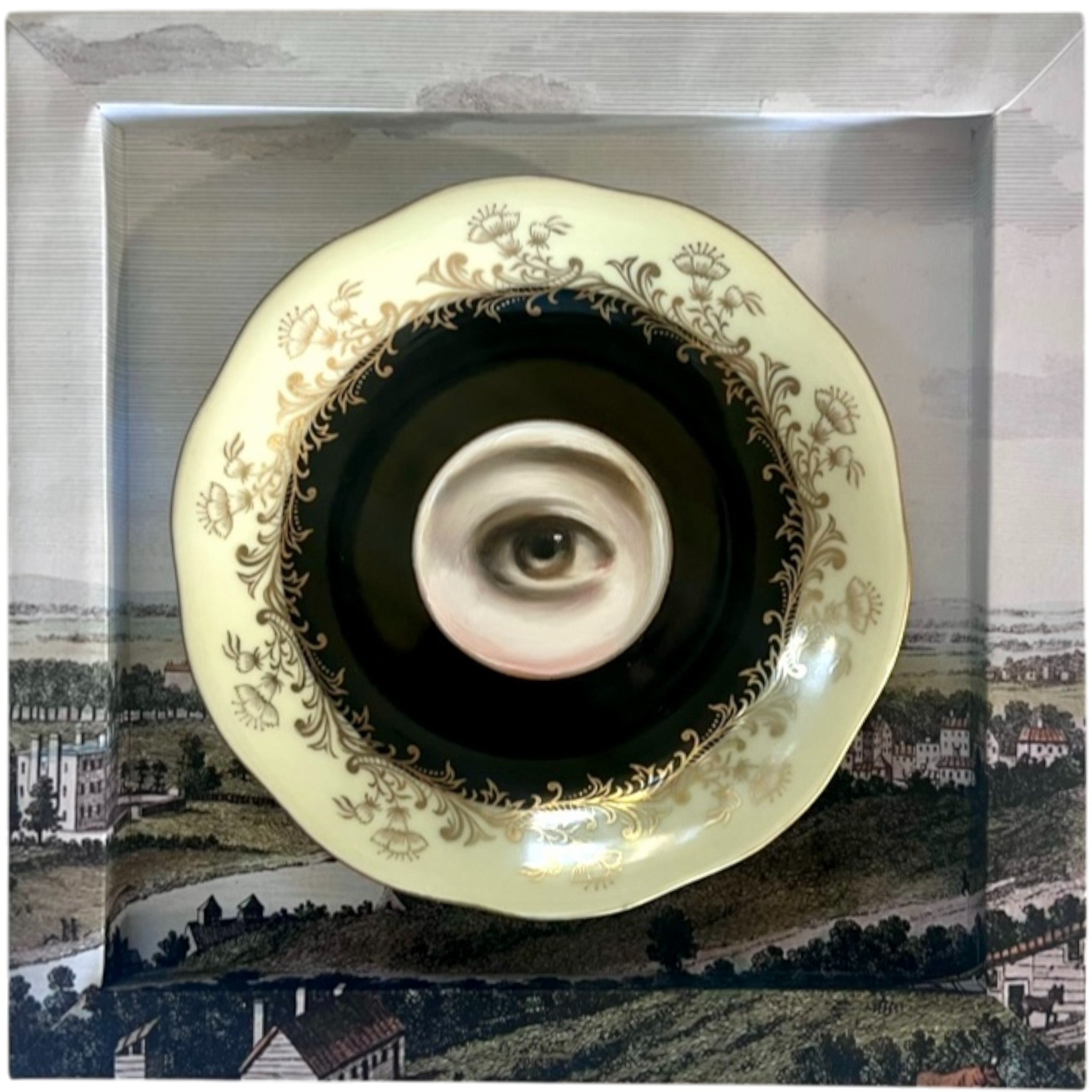 No. 2337 Lover's Eye Painting on a Black, Cream, & Gilt Plate