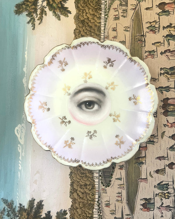 New! - Lover's Eye Painting on a Pink and Gold Flower Sprig Plate