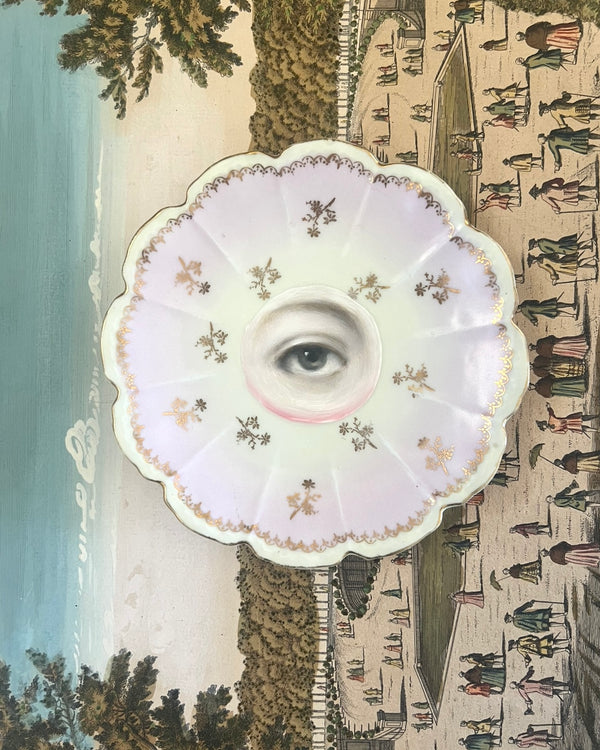 New! - Lover's Eye Painting on a Pink and Gold Flower Sprig Plate