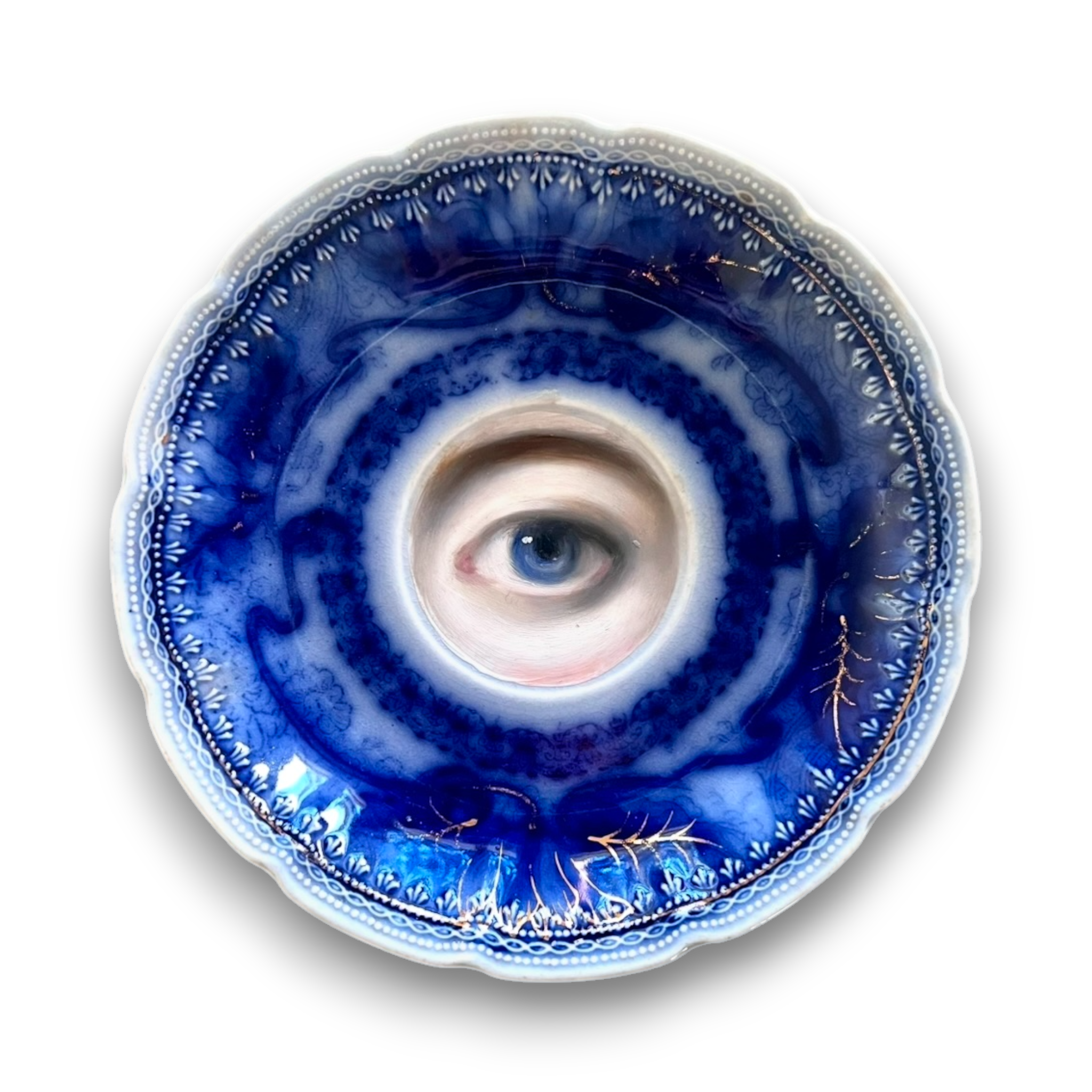 No. 2855 Lover's Eye Painting on an English Victorian Flow Blue Plate