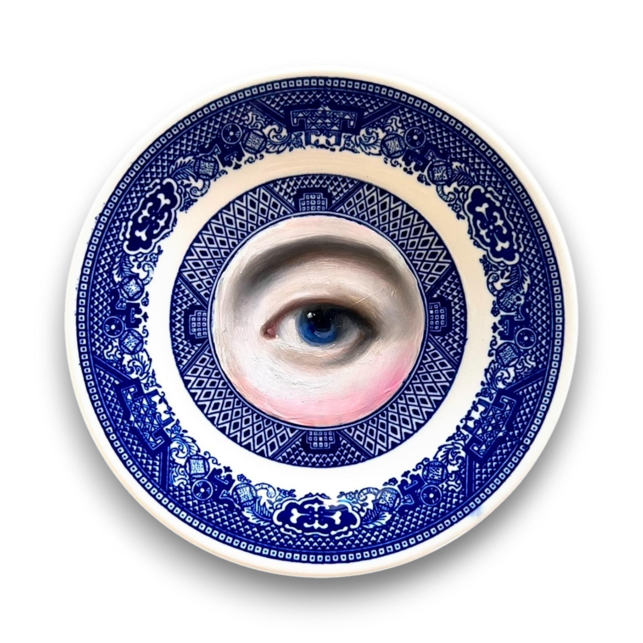 No. 2852 Lover's Eye Painting on a Chinoiserie Blue Willow Plate