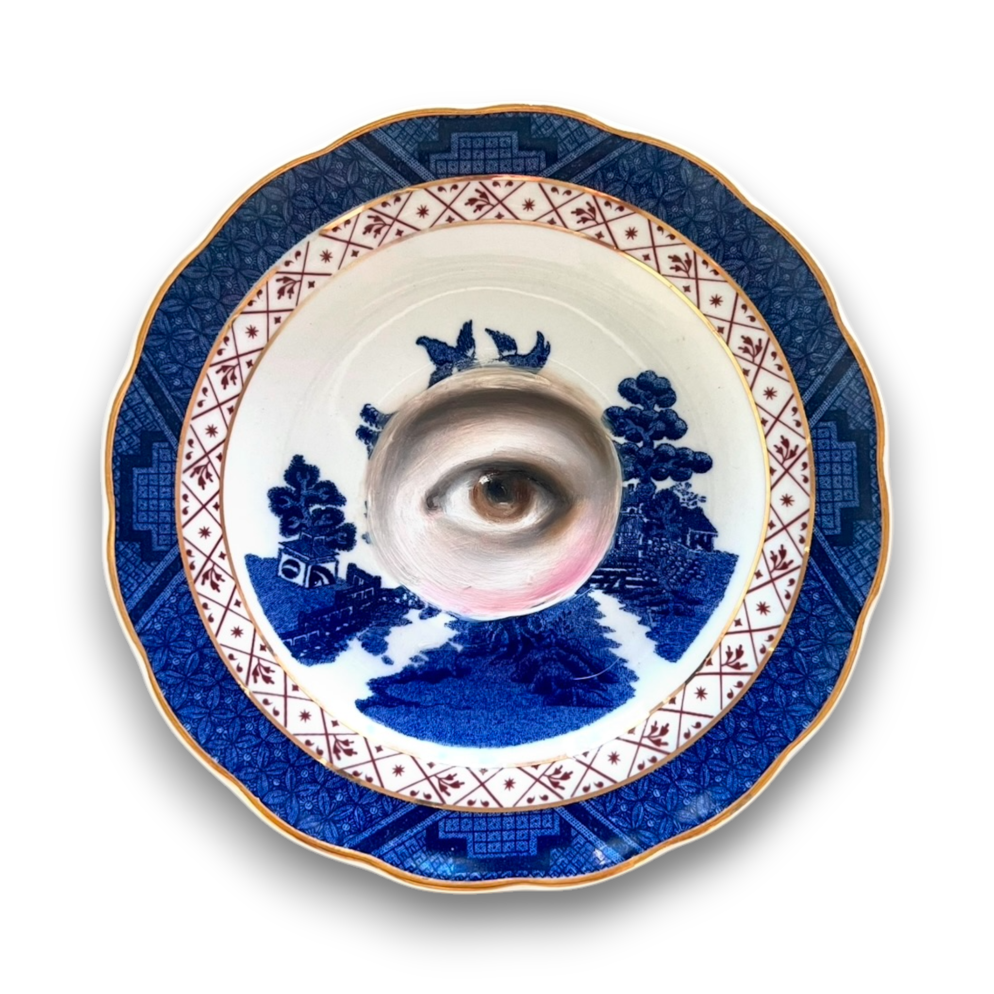 No. 2851 Lover's Eye Painting on a Royal Doulton Chinoiserie Blue Willow Plate