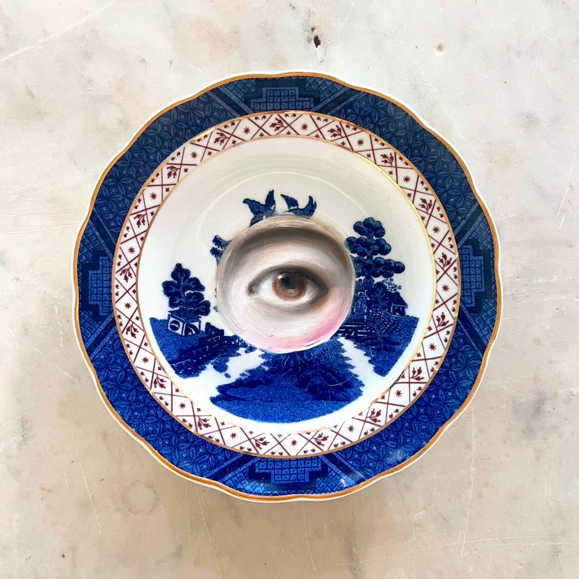 No. 2851 Lover's Eye Painting on a Royal Doulton Chinoiserie Blue Willow Plate