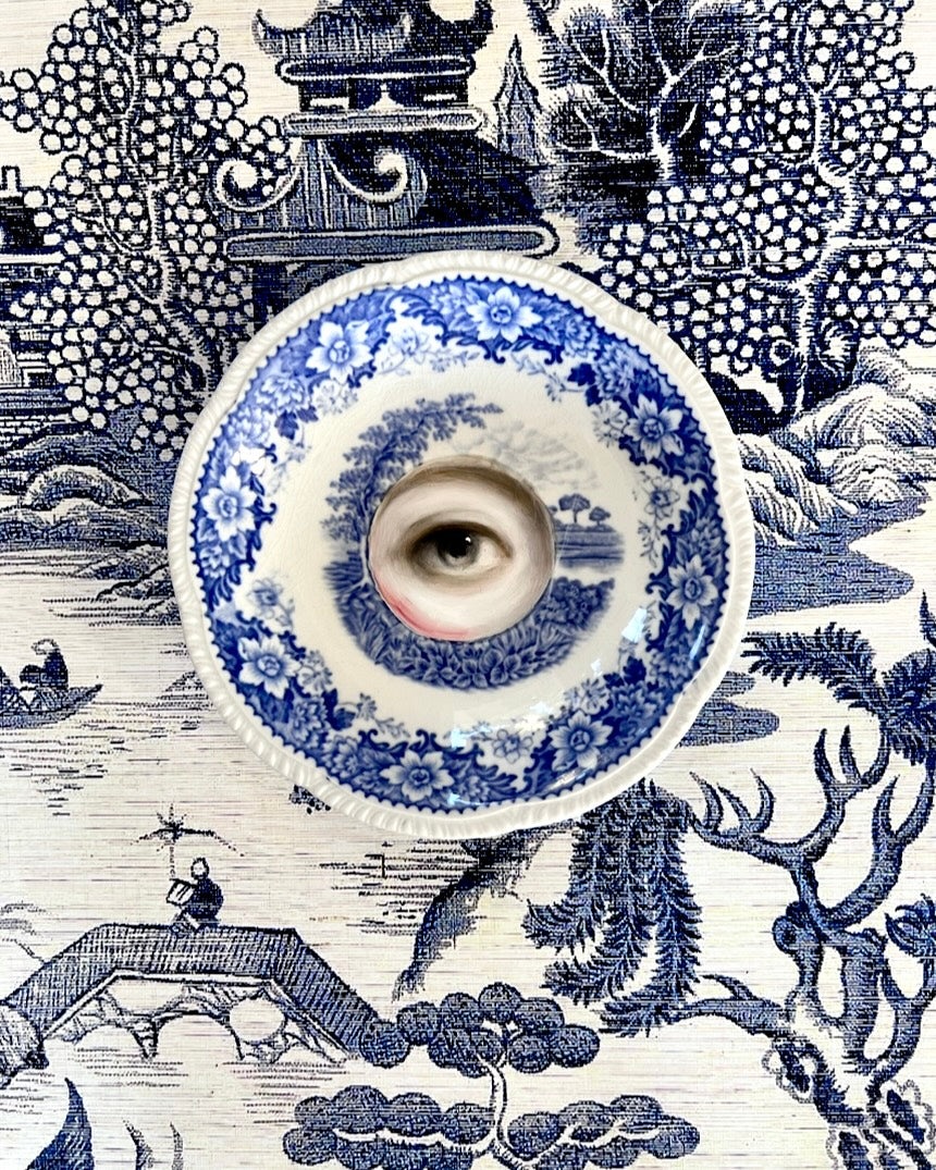 No. 2356 Lover's Eye Painting on an English Blue Transferware Landscape Plate