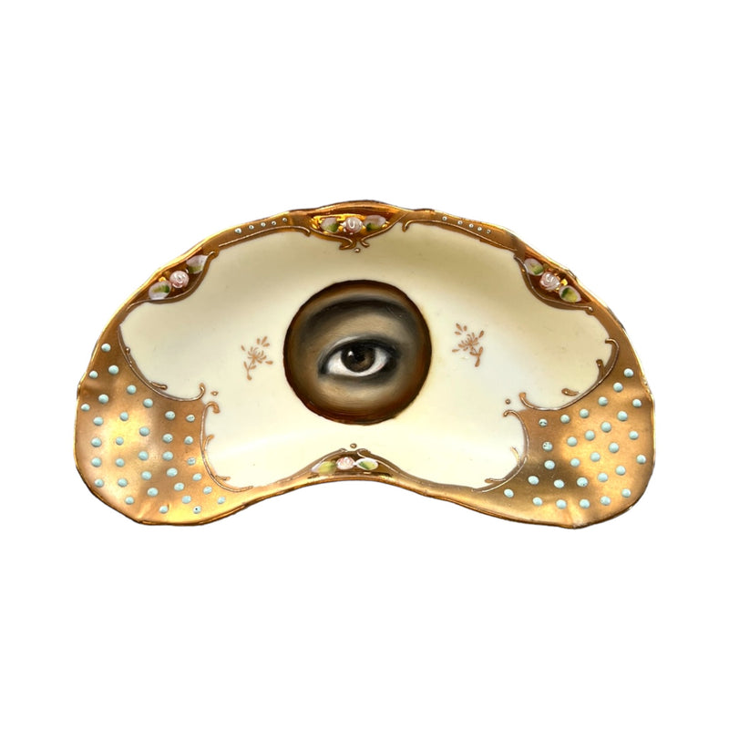 Lover's Eye Painting on a Cream & Gold Crescent Plate