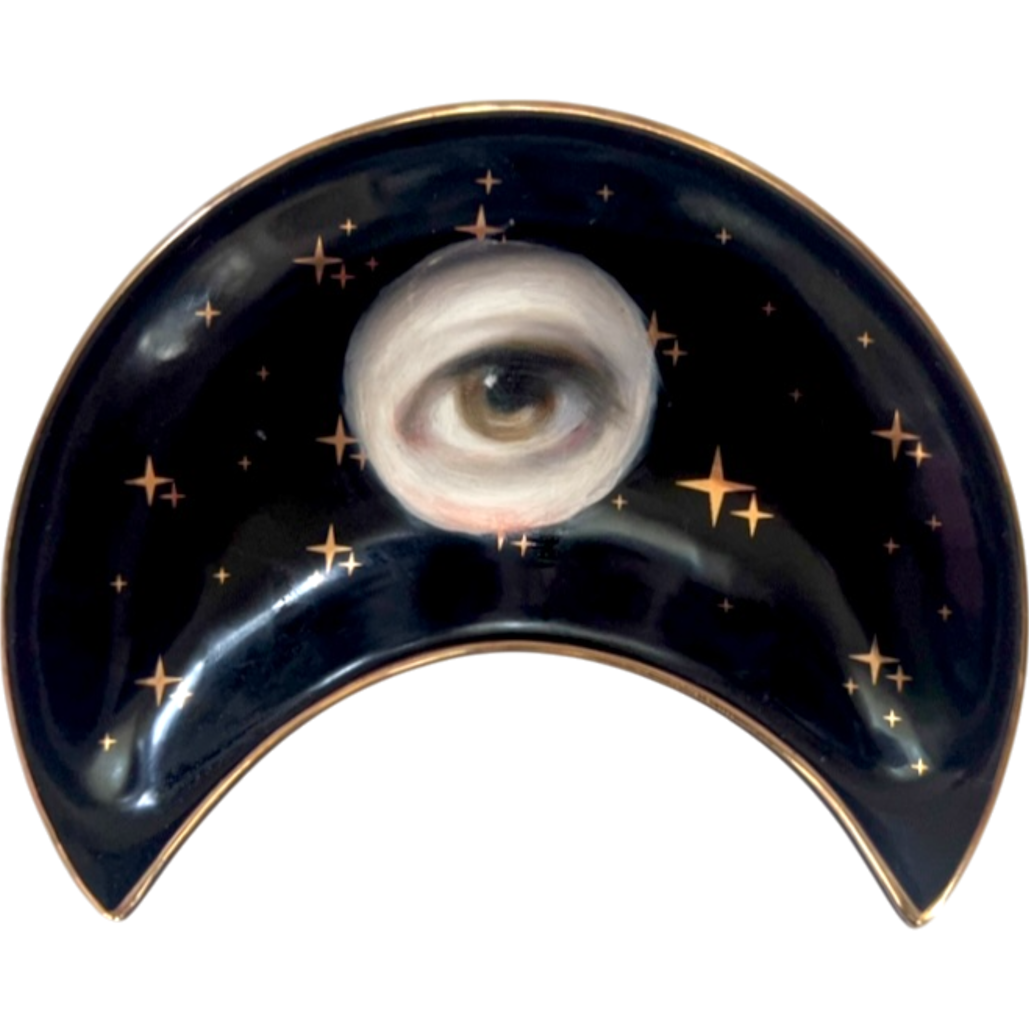 No. 2375 Lover's Eye Painting on a Black Crescent Moon Dish with Gold Stars