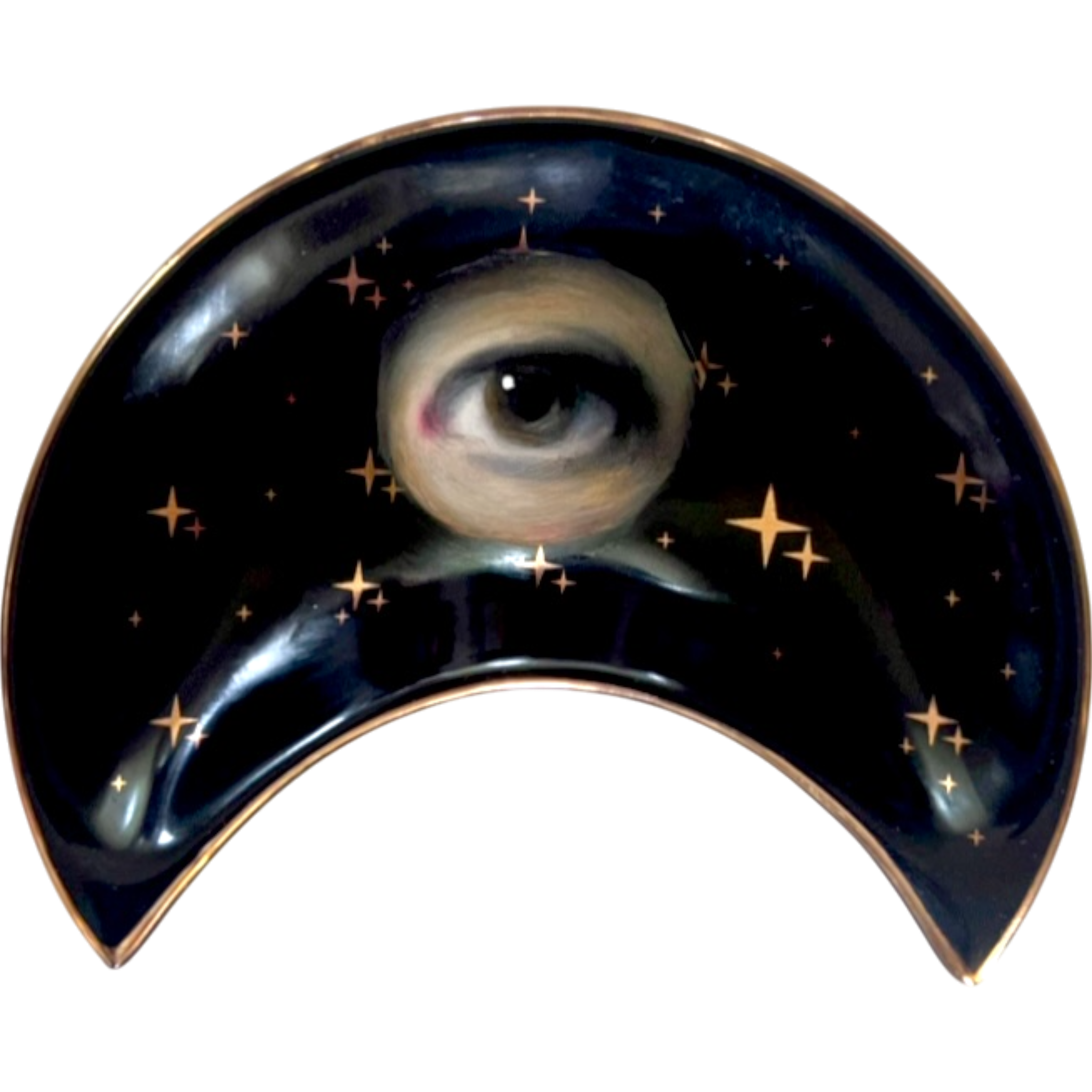 No. 2376 Lover's Eye Painting on a Black Crescent Moon Dish with Gold Stars