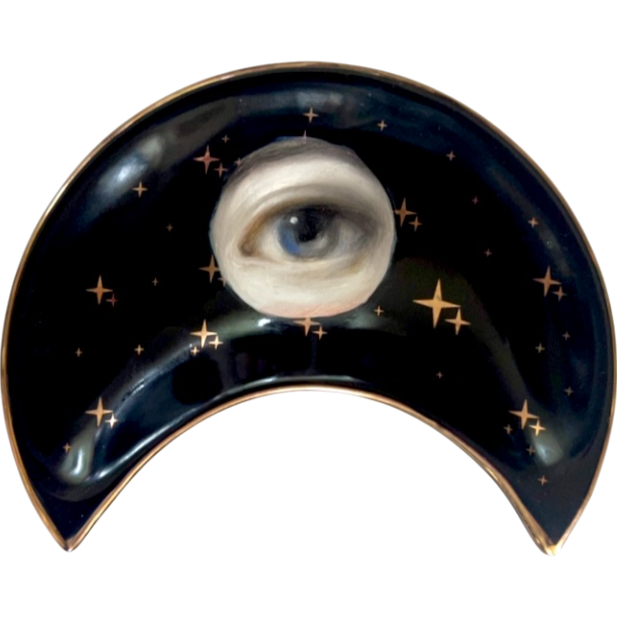 No. 2377 Lover's Eye Painting on a Black Crescent Moon Dish with Gold Stars