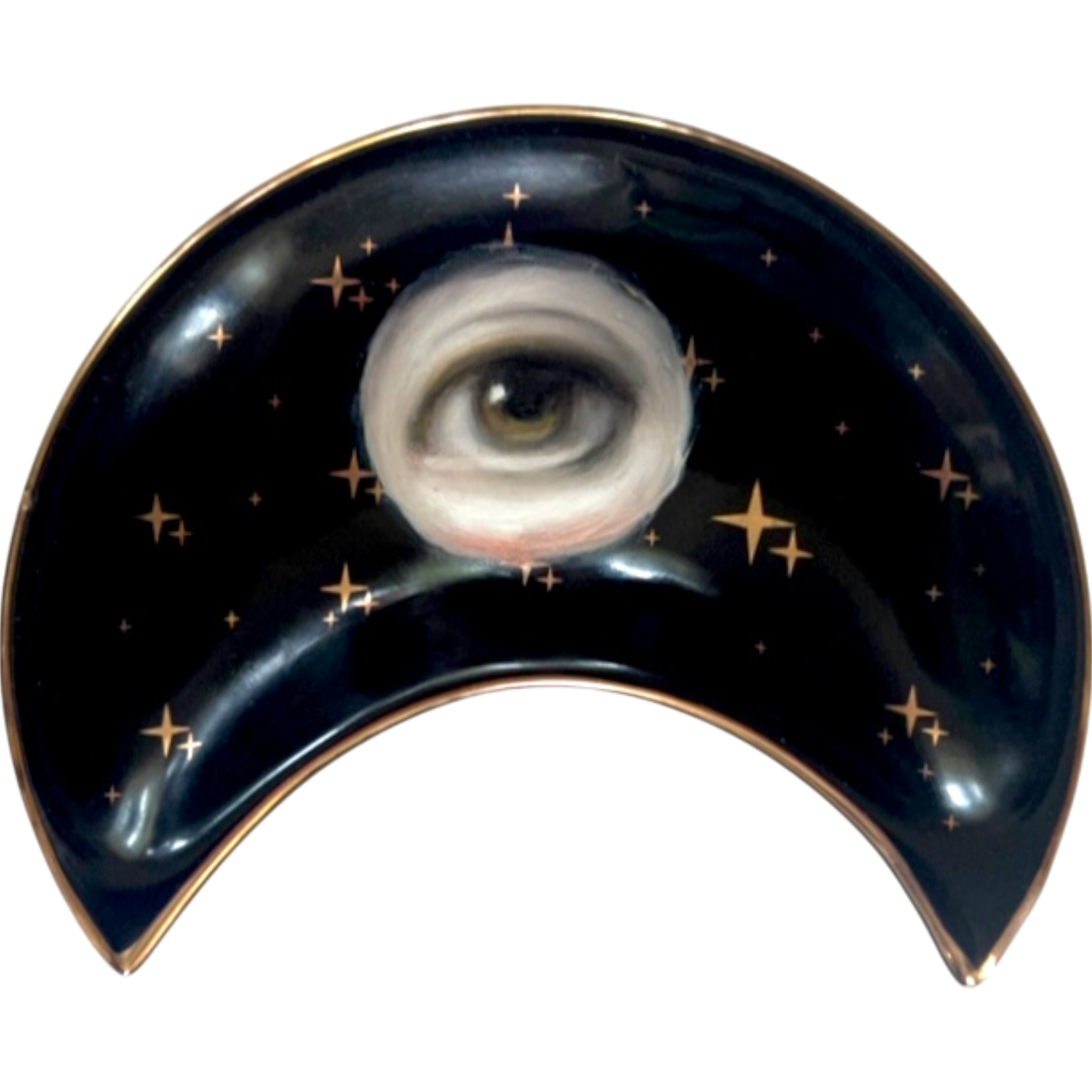 No. 2380 Lover's Eye Painting on a Black Crescent Moon Dish with Gold Stars