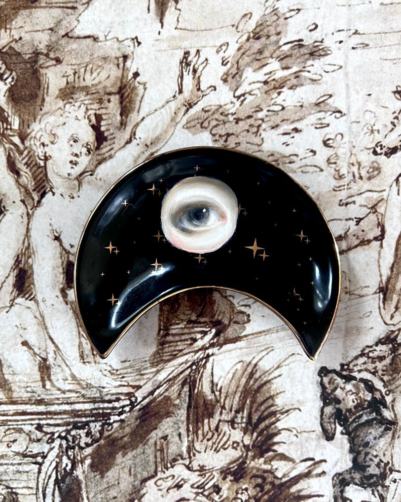 No. 2372 Lover's Eye Painting on a Black Crescent Moon Dish with Gold Stars