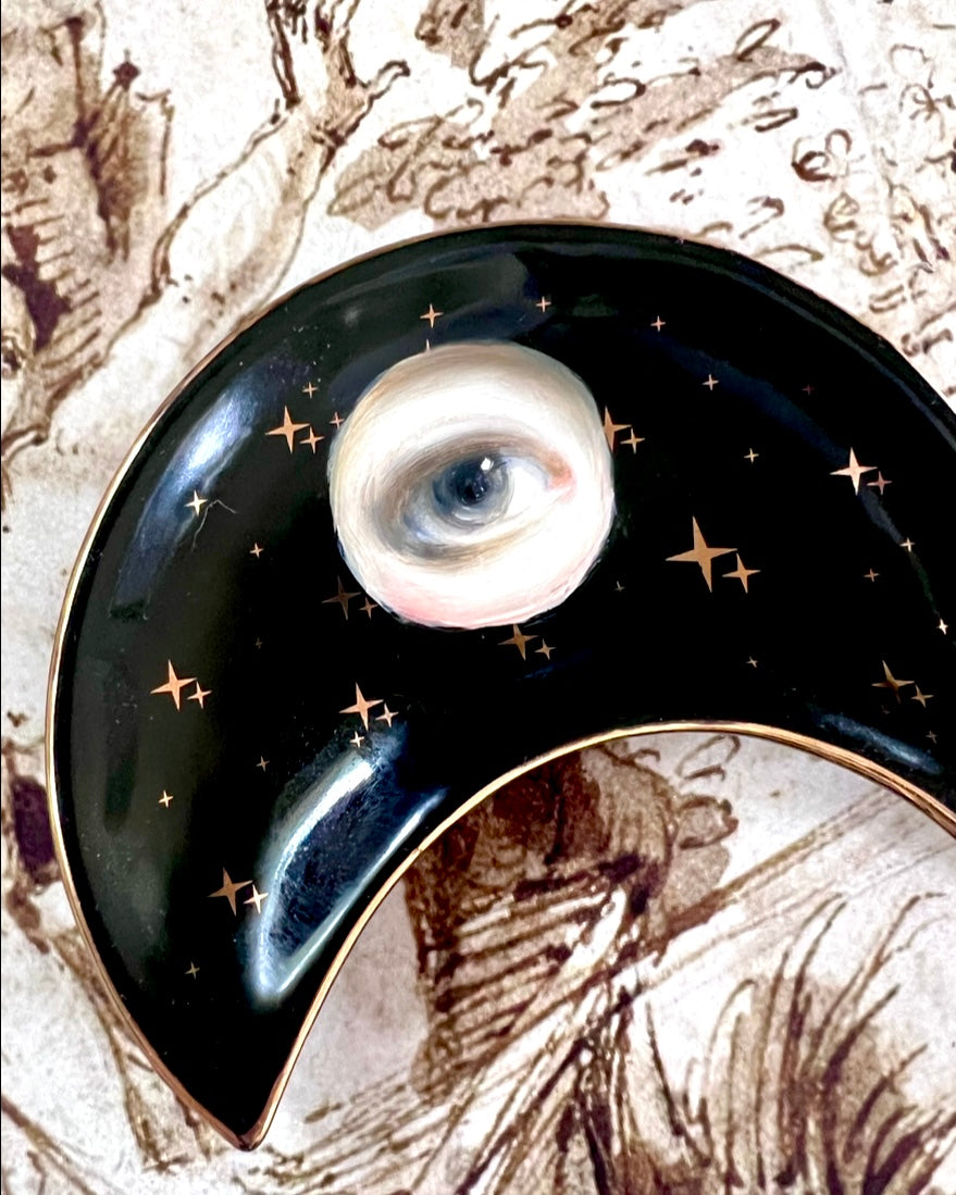 No. 2372 Lover's Eye Painting on a Black Crescent Moon Dish with Gold Stars