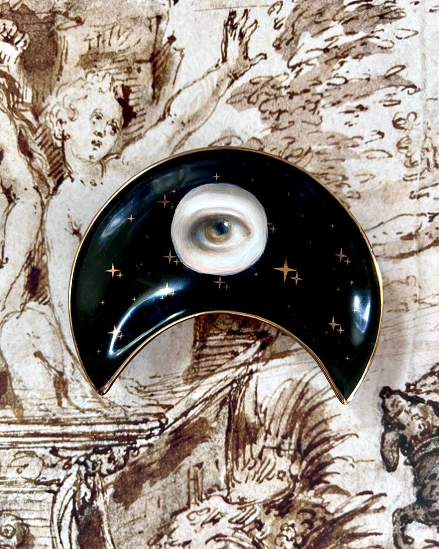 No. 2373 Lover's Eye Painting on a Black Crescent Moon Dish with Gold Stars