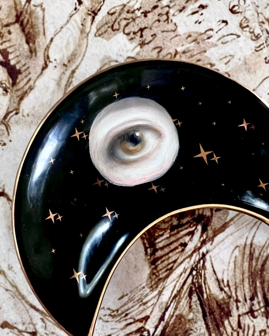 No. 2373 Lover's Eye Painting on a Black Crescent Moon Dish with Gold Stars