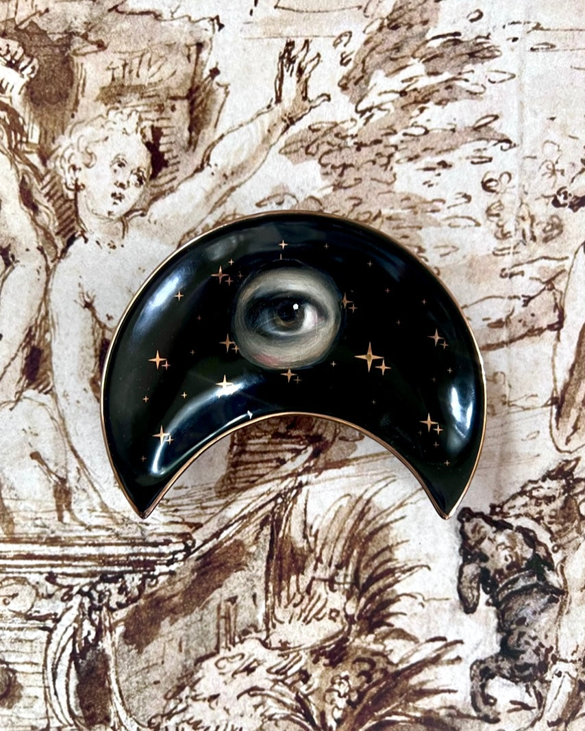 No. 2374 Lover's Eye Painting on a Black Crescent Moon Dish with Gold Stars