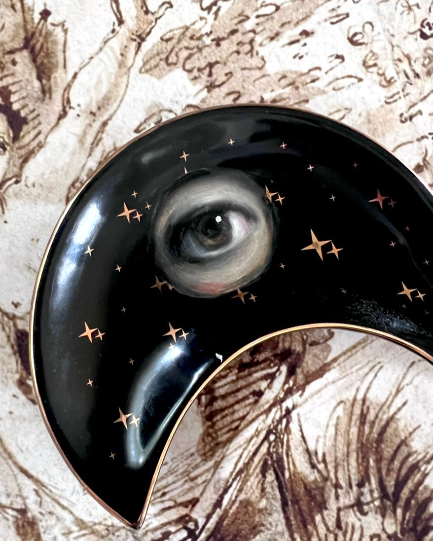 No. 2374 Lover's Eye Painting on a Black Crescent Moon Dish with Gold Stars