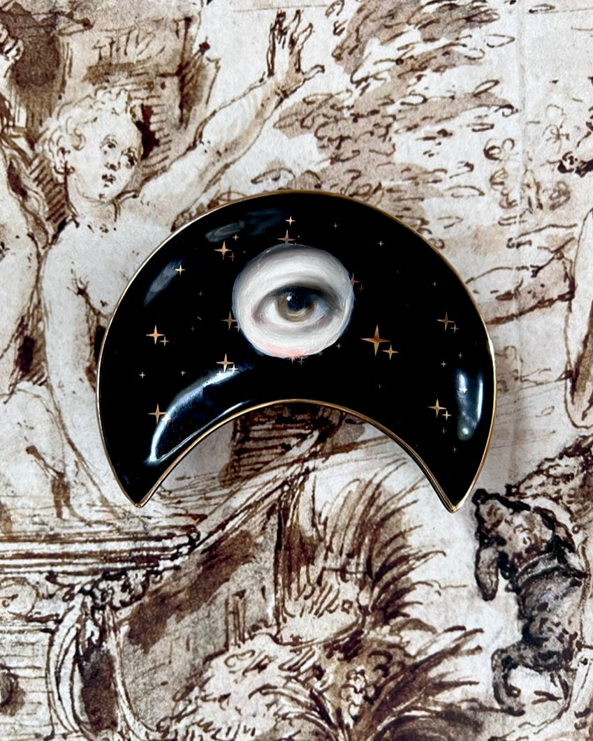 No. 2375 Lover's Eye Painting on a Black Crescent Moon Dish with Gold Stars