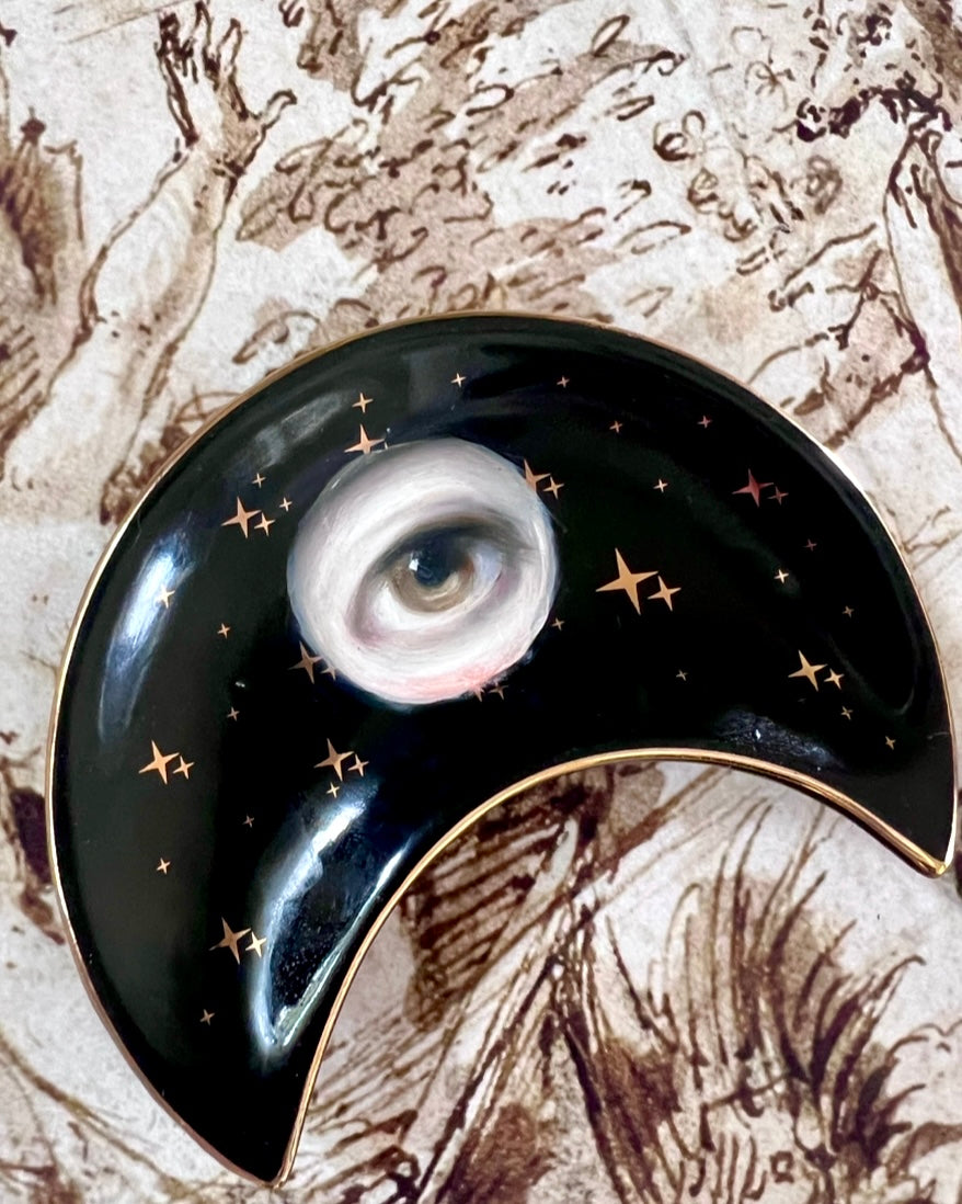 No. 2375 Lover's Eye Painting on a Black Crescent Moon Dish with Gold Stars