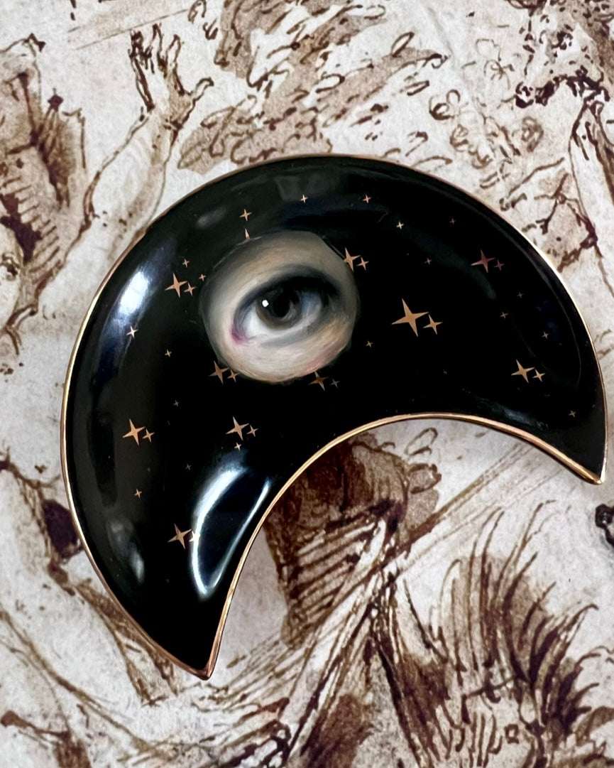 No. 2376 Lover's Eye Painting on a Black Crescent Moon Dish with Gold Stars