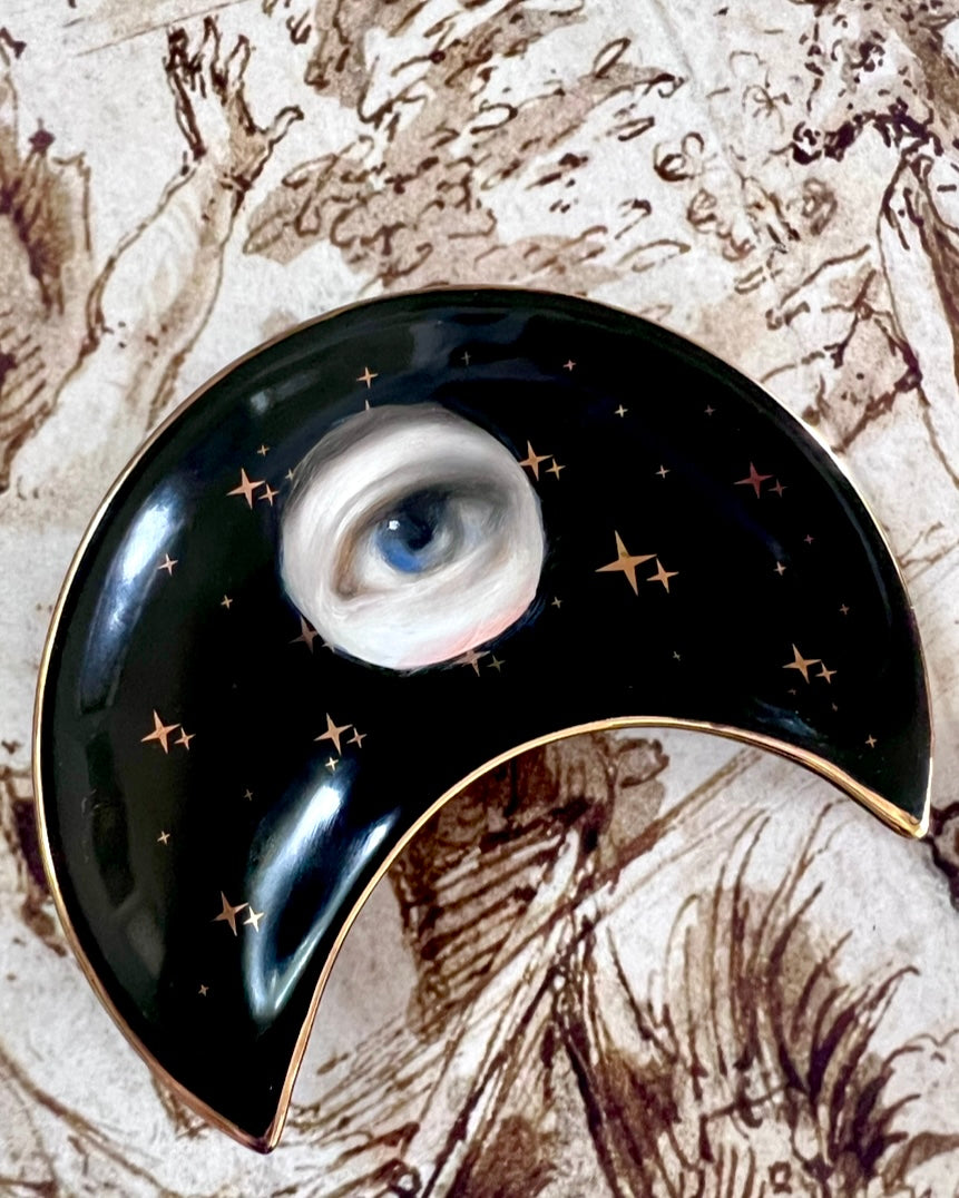 No. 2377 Lover's Eye Painting on a Black Crescent Moon Dish with Gold Stars