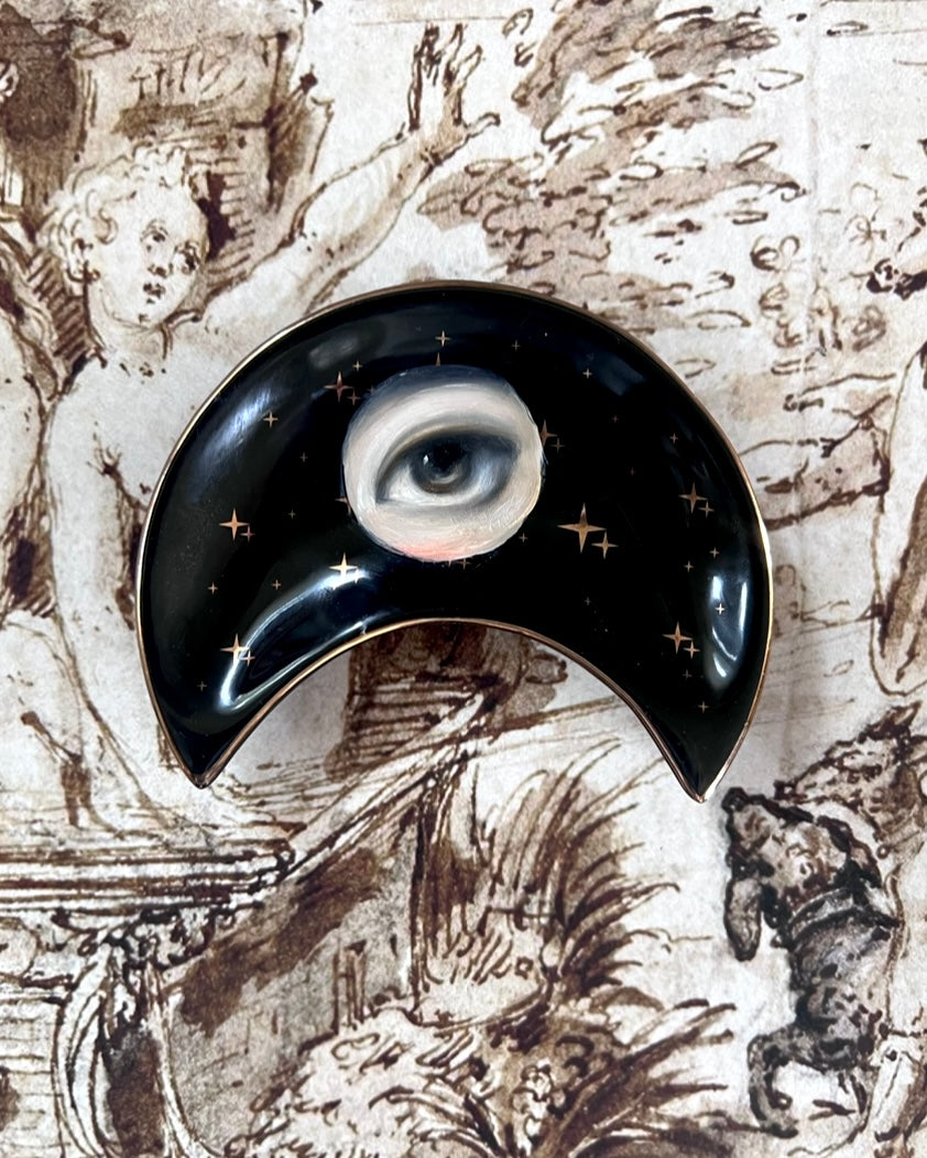 No. 2378 Lover's Eye Painting on a Black Crescent Moon Dish with Gold Stars