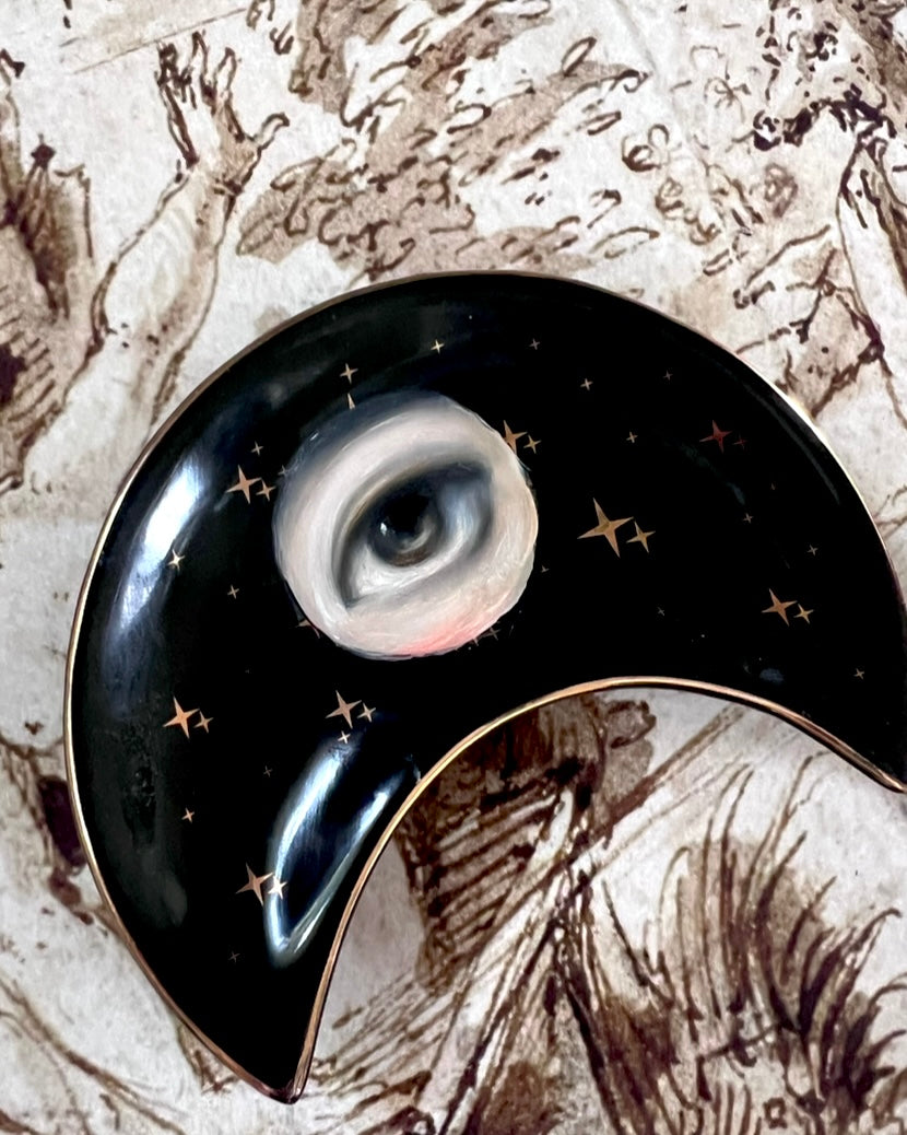 No. 2378 Lover's Eye Painting on a Black Crescent Moon Dish with Gold Stars