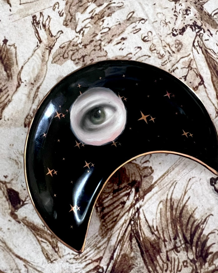 No. 2379 Lover's Eye Painting on a Black Crescent Moon Dish with Gold Stars