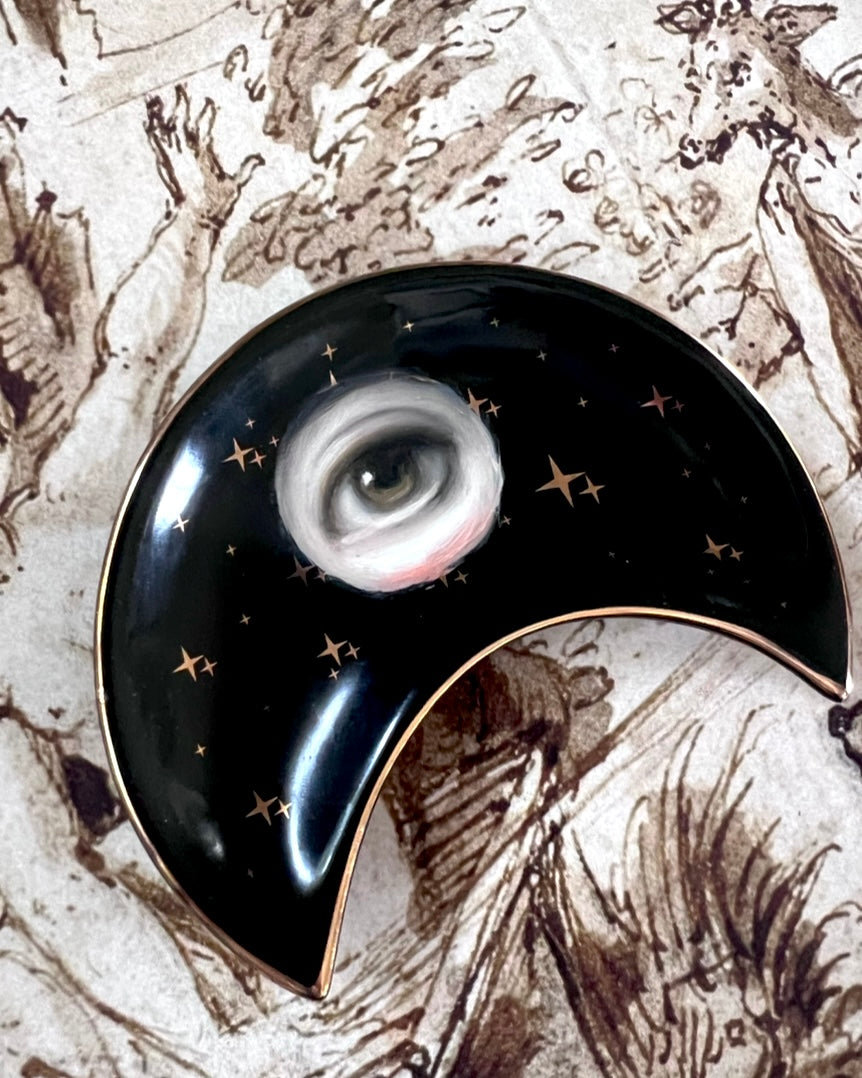 No. 2380 Lover's Eye Painting on a Black Crescent Moon Dish with Gold Stars