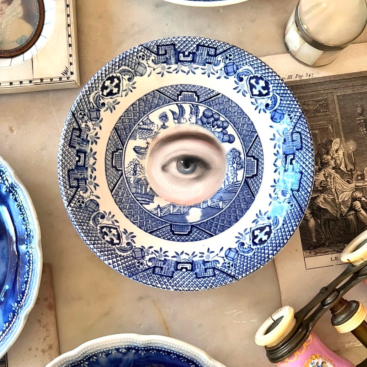 No. 2863 Lover's Eye Painting on an English Chinoiserie Blue Willow Plate
