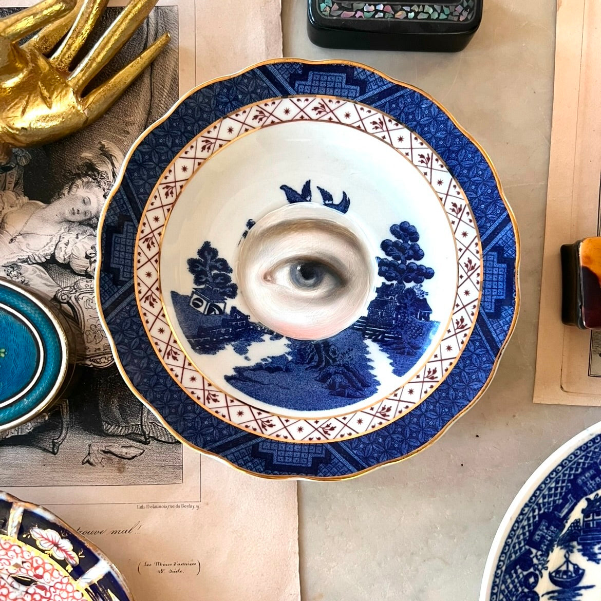 No. 2859 Lover's Eye Painting on a Royal Doulton Chinoiserie Blue Willow Plate