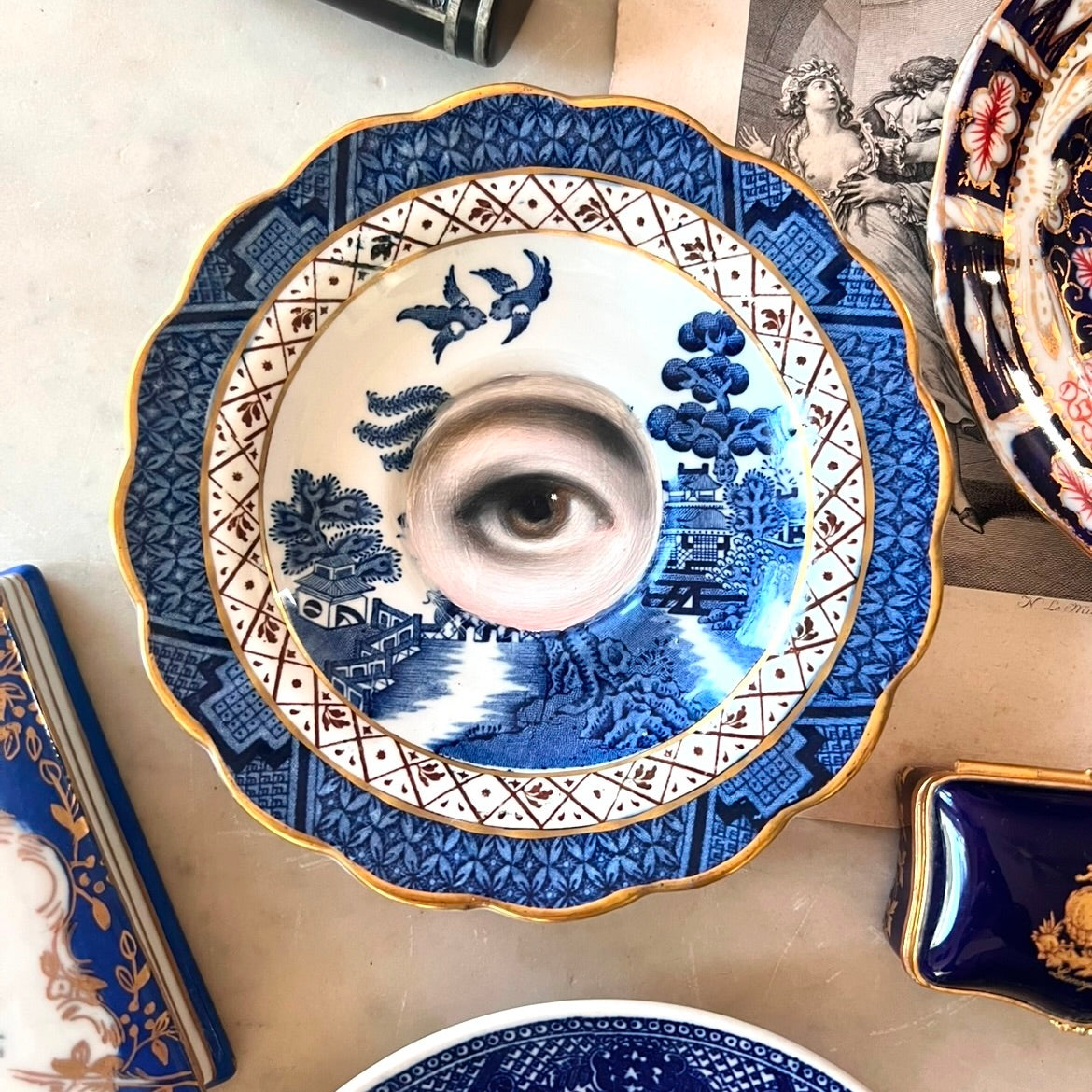 No. 2860 Lover's Eye Painting on an English Real Old Willow Plate