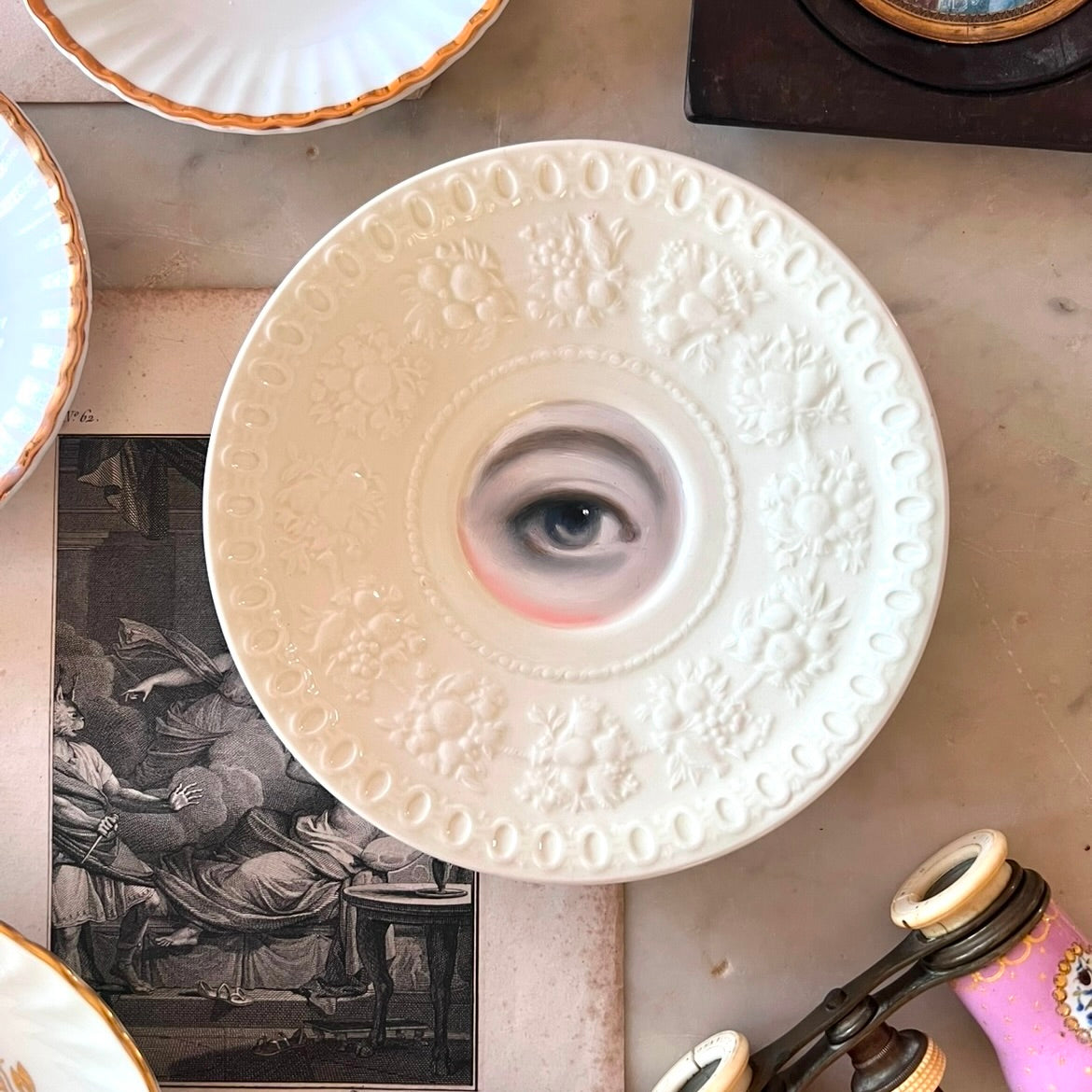 No. 2870 Lover's Eye Painting on a Wedgwood "Wellesley" White Plate