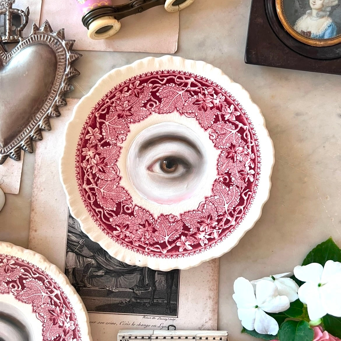 No. 2874 Lover's Eye Painting on an English Red Ivy Transferware Plate