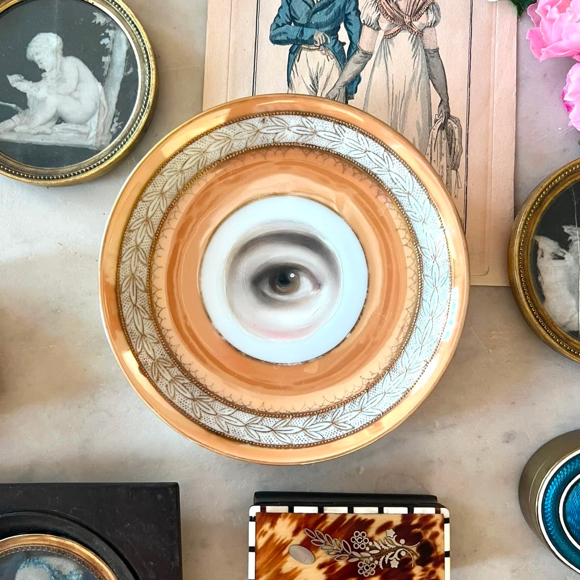 No. 2867 Lover's Eye Painting on a Peach Luster Plate