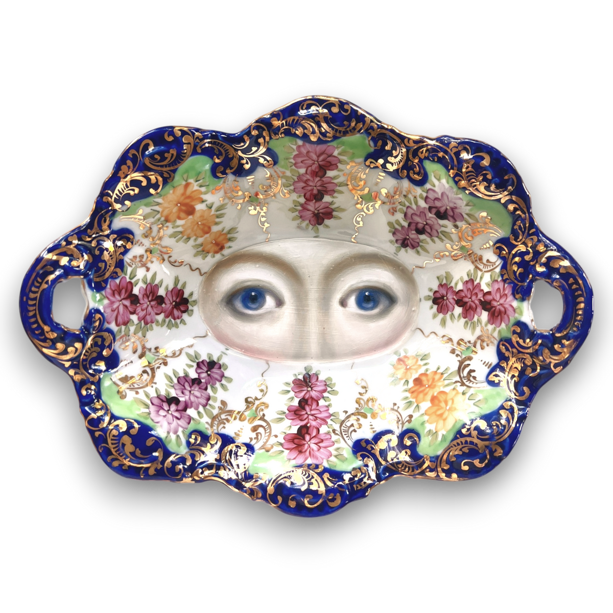 No. 3857 Lover’s Eye Painting on a Cobalt Floral Dish