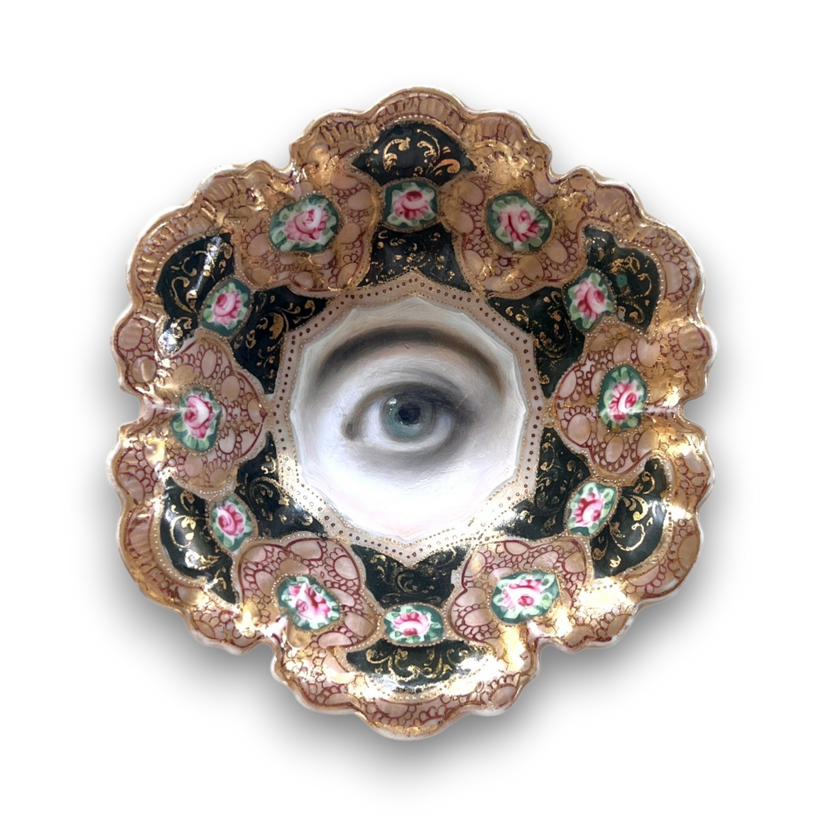 No. 3861 Lover’s Eye Painting on a Black & Gold Floral Dish