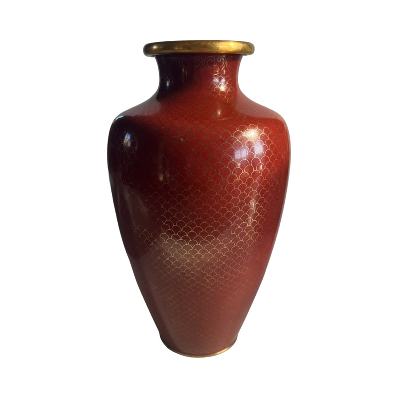 Vintage Mid-20th Century Cloisonne Fish Scale Wine Red Vase