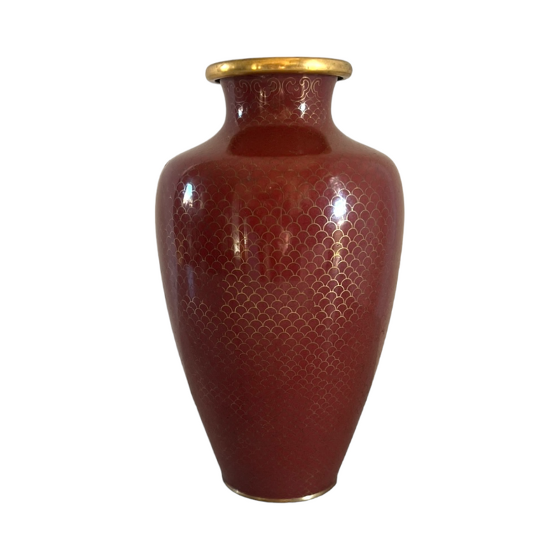 Vintage Mid-20th Century Cloisonne Fish Scale Wine Red Vase