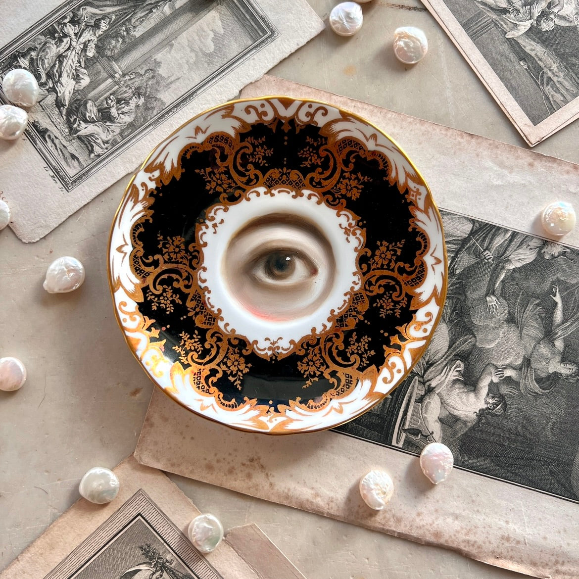 No. 3103 Lover's Eye Painting on a n English Black & Gold Plate