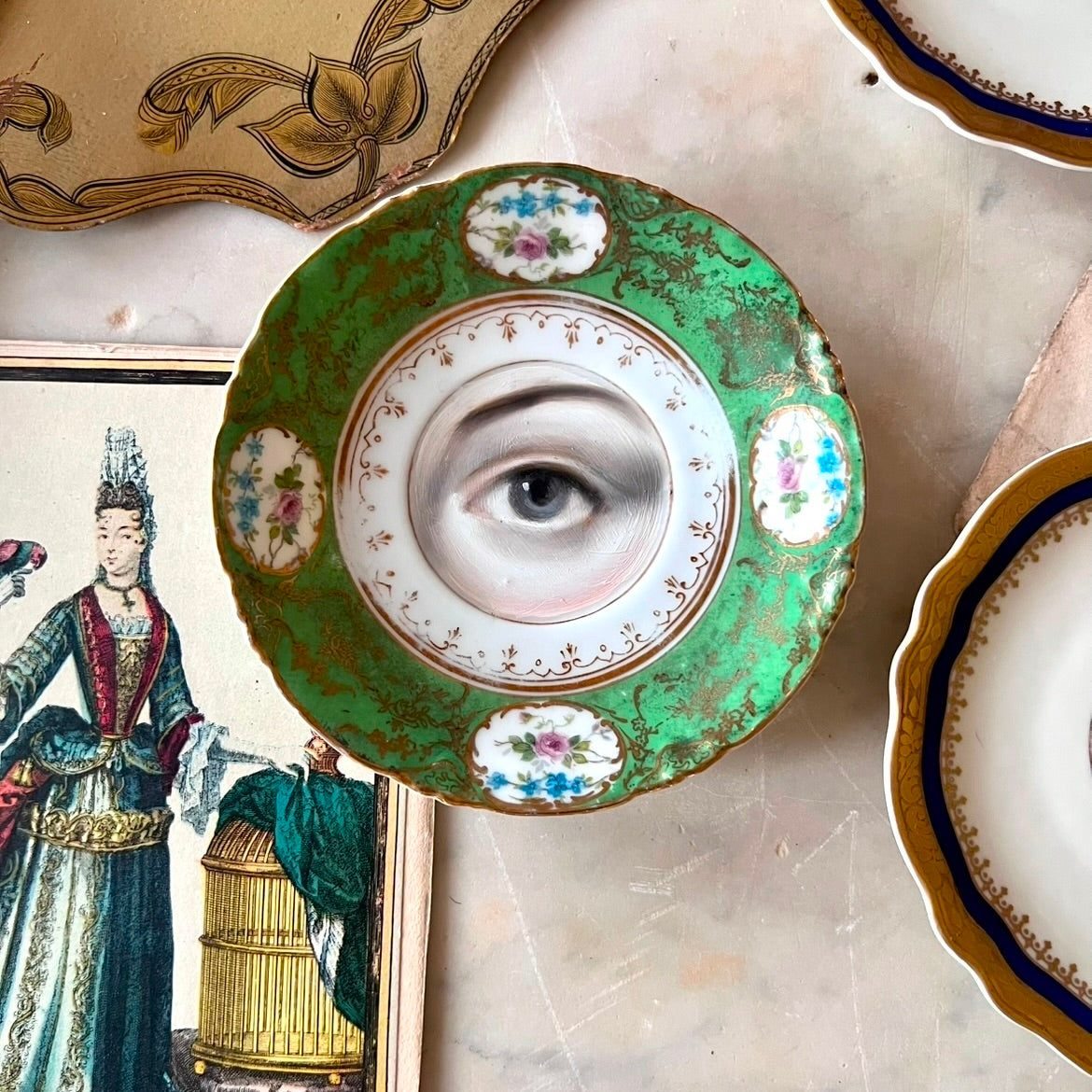 No. 2926 Lover's Eye Painting of Charlotte Bronte on a Floral Green Plate