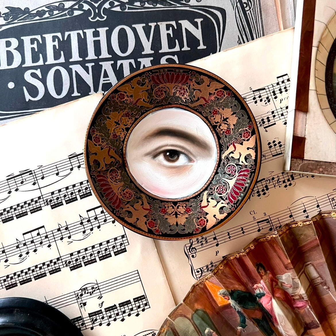 No. 2910 Lover's Eye Painting of Ludwig von Beethoven on a Black & Gold Cherub Plate