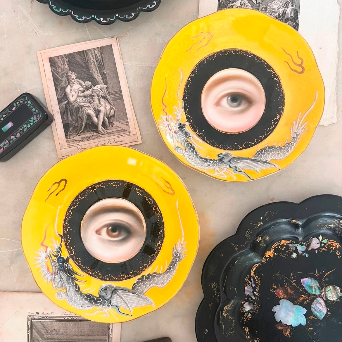 No. 2930 Lover's Eye Painting on a Rare Yellow Japanese Dragonware Plate