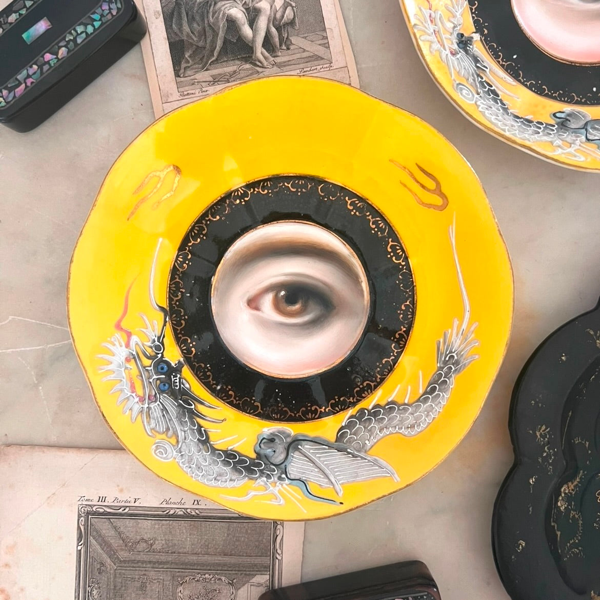 No. 2929 Lover's Eye Painting on a Rare Yellow Japanese Dragonware Plate
