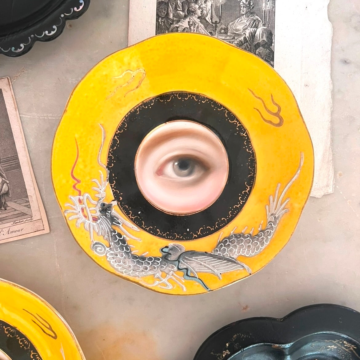 No. 2930 Lover's Eye Painting on a Rare Yellow Japanese Dragonware Plate