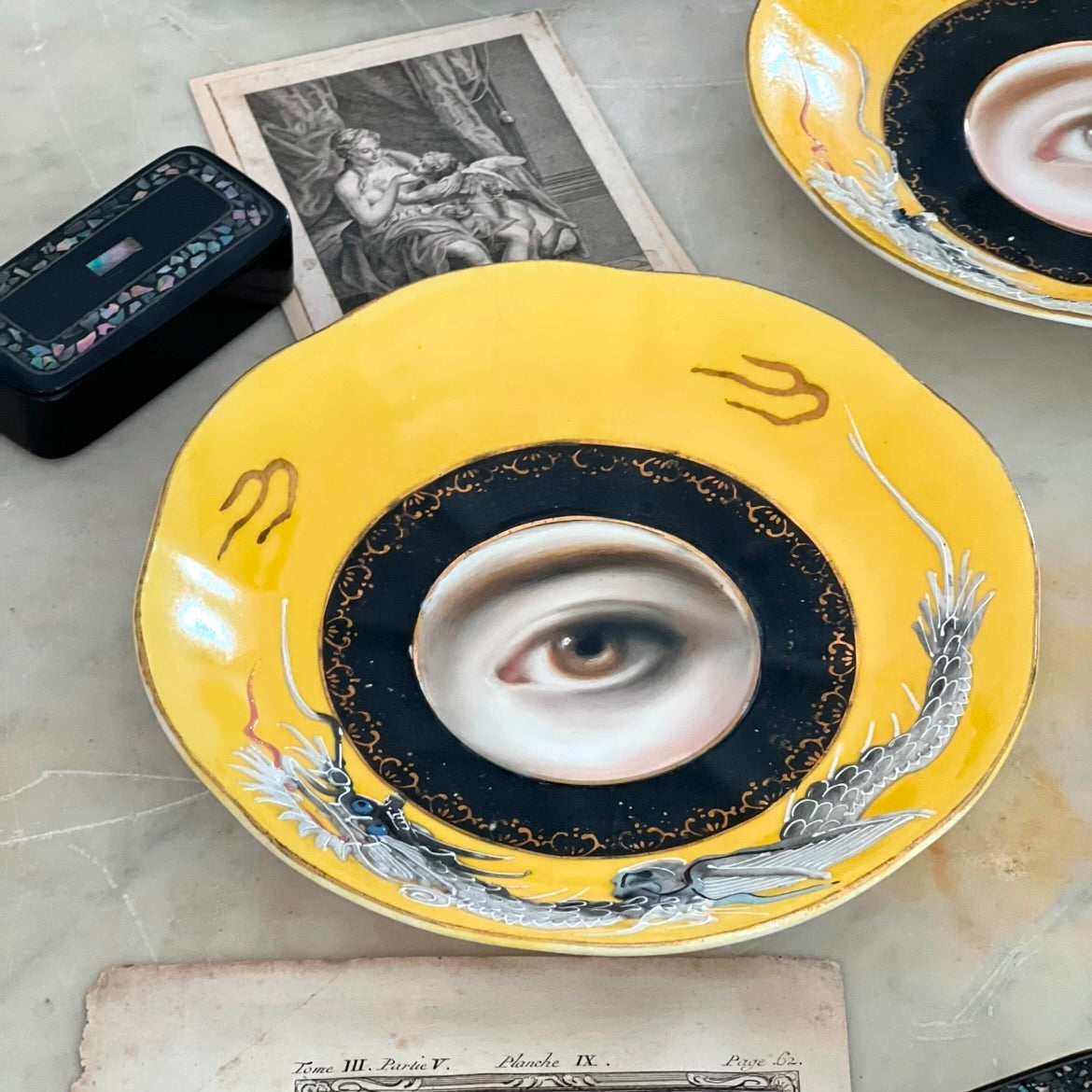 No. 2929 Lover's Eye Painting on a Rare Yellow Japanese Dragonware Plate