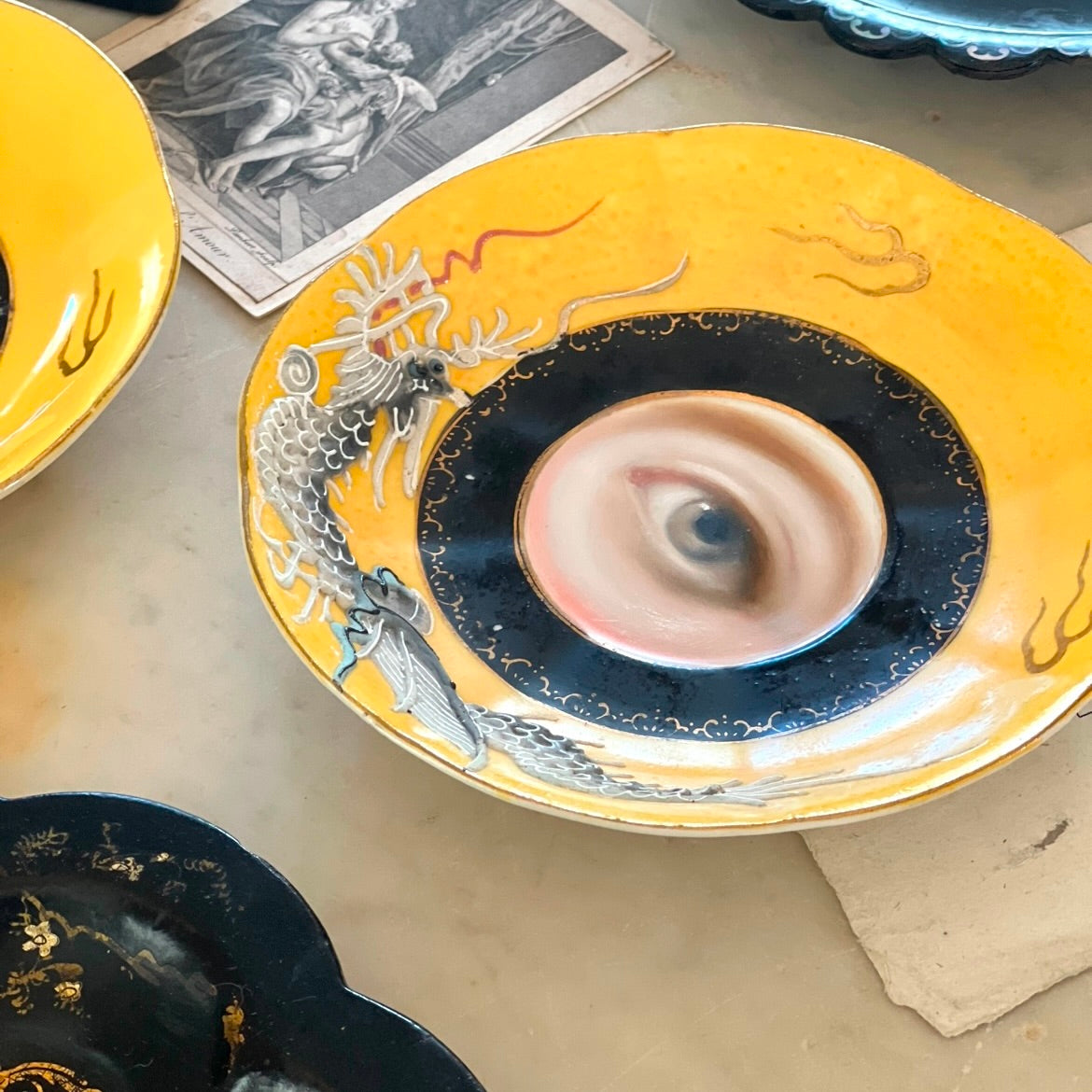 No. 2930 Lover's Eye Painting on a Rare Yellow Japanese Dragonware Plate