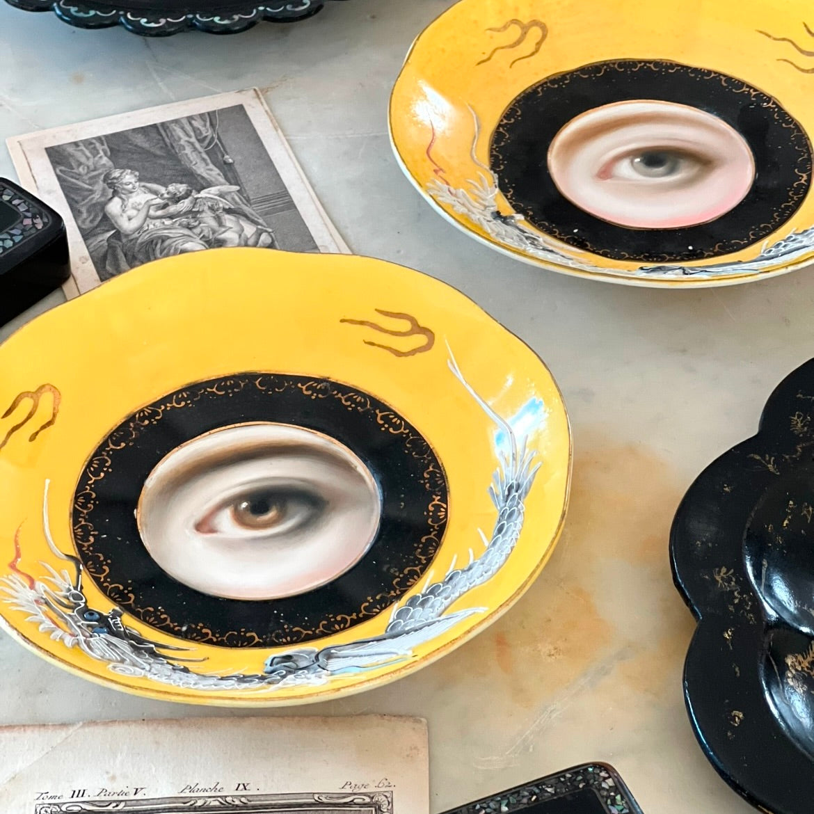 No. 2929 Lover's Eye Painting on a Rare Yellow Japanese Dragonware Plate