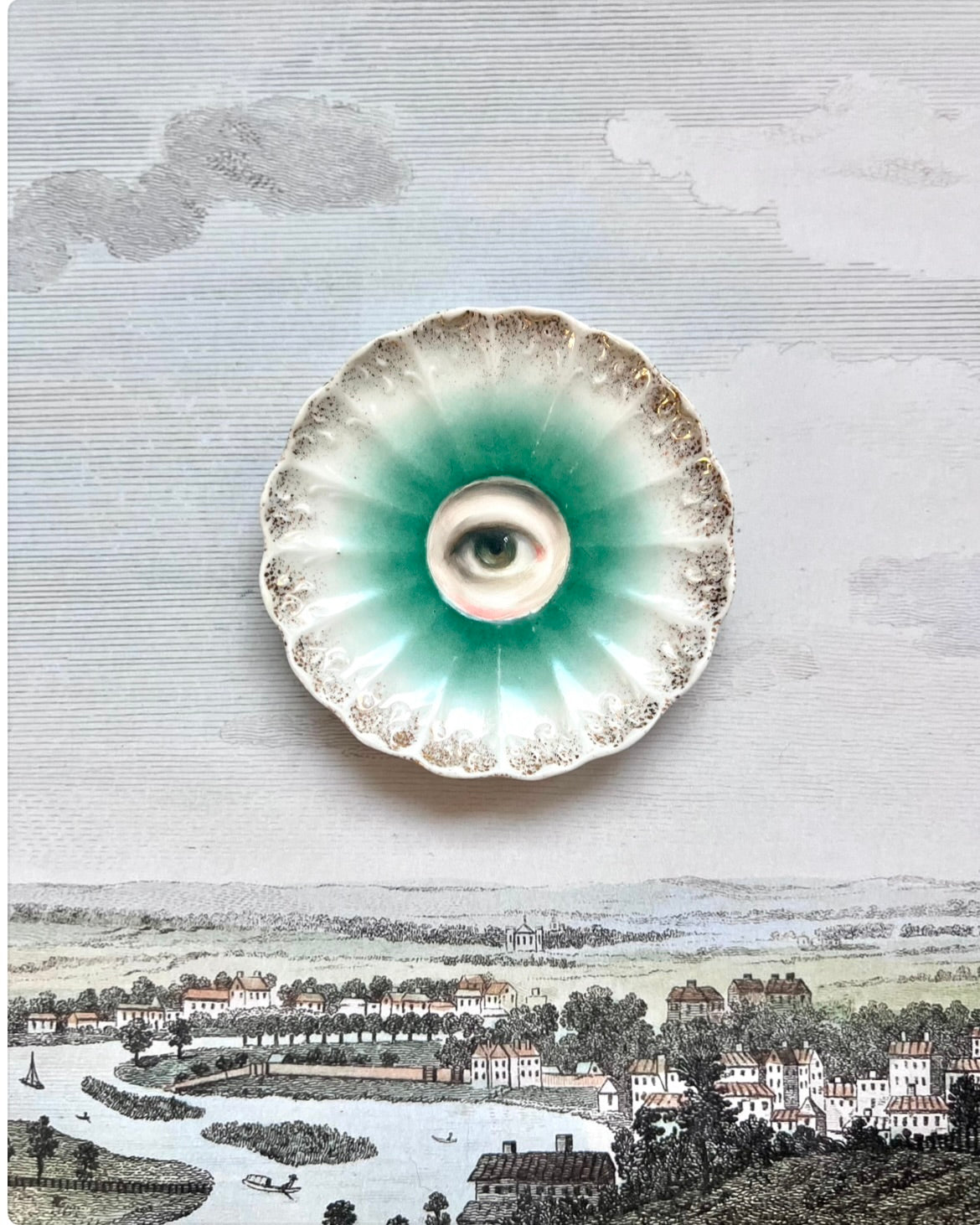 No. 2463 Lover's Eye Painting on a Mini Green German Porcelain Plate