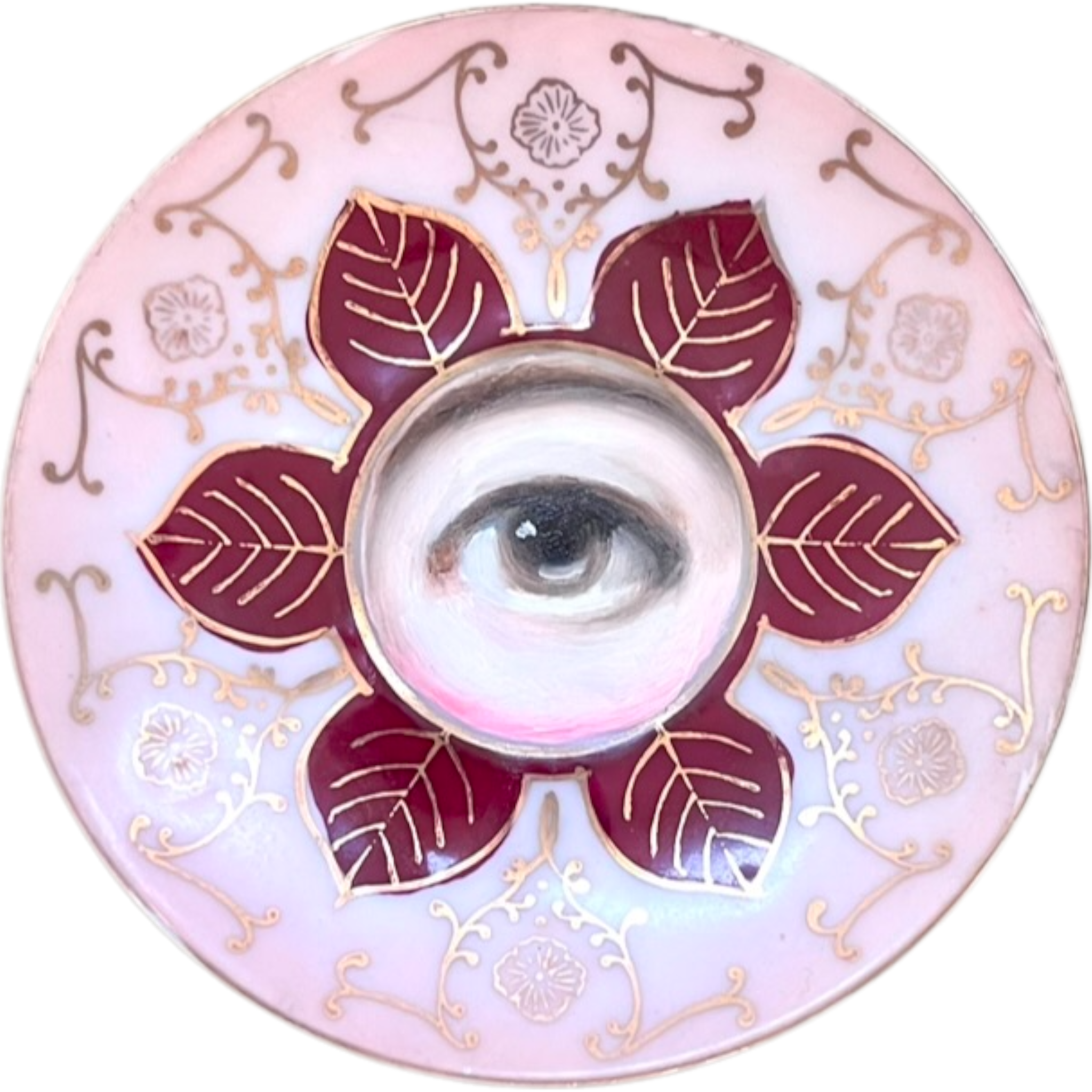 No. 2464 Lover's Eye Painting on a Mini Pink and Maroon Flower Petal Plate